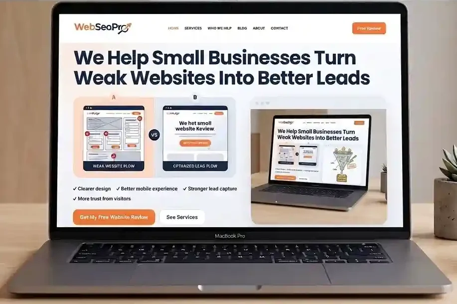 WebSeoPro homepage example shown on a laptop